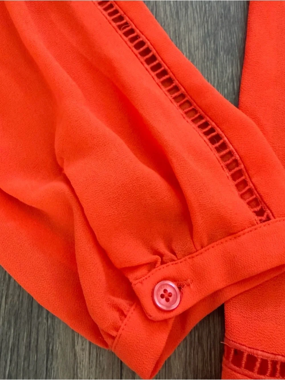 Michael Kors Mandarin Orange Pointelle Trim Long Sleeve Top V Neck Blouse M